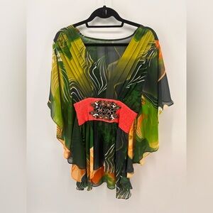 Women’s 100% Silk WATERCOLOR FLORAL PRINT Elastic Waist Jeweled Tunic Blouse